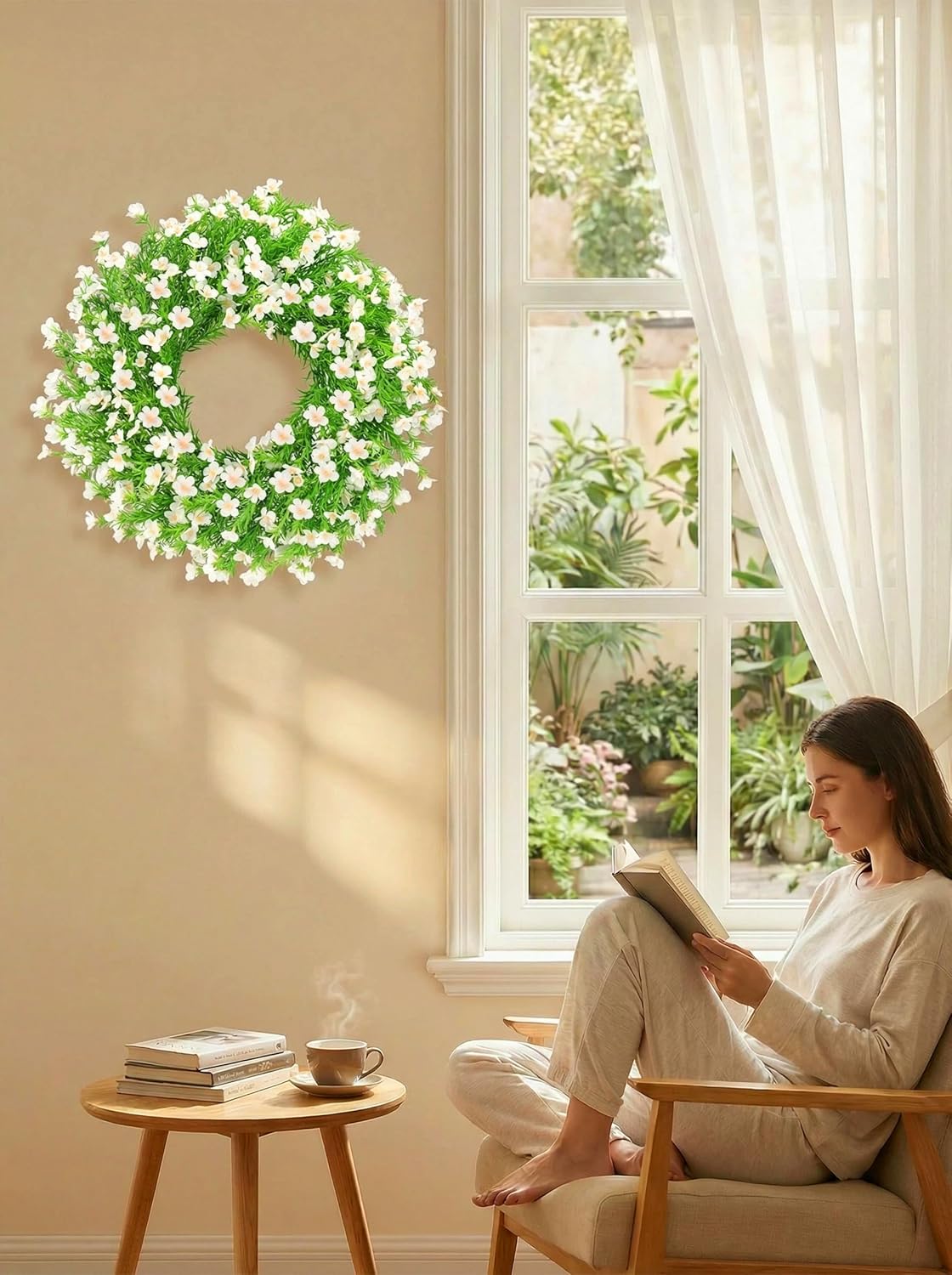 Spring Wreaths for Front Door 24 Inch Artificial Summer Wreath with Colorful Silk Flowers for Home Farmhouse Indoor Outdoor Wall Décor-White - Image 3