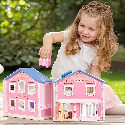 Miniatura 3 de Exquisita casa de muñecas de madera rosa para niñas con 2 muñecas y 12 muebles de madera, juego de casa de juego plegable y portátil con asa, regalo