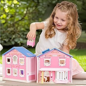 Giant bean Exquisite Pink Wooden Dollhouse for Girls with Dolls