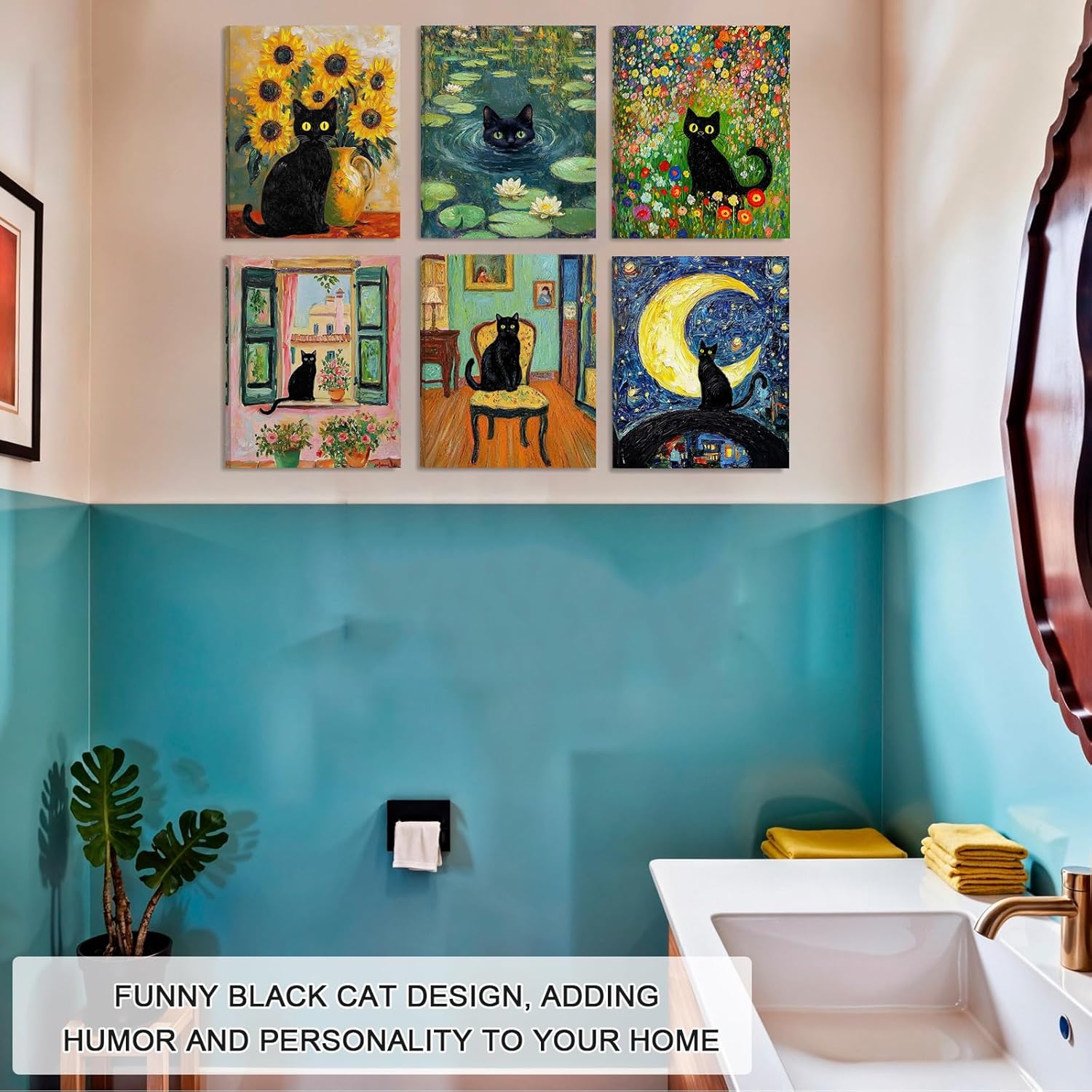 Framed Black Cat Wall Art, Monet Cat Wall Art, Cat Pictures Wall Decor for Bedroom Living Room Bathroom (Ready to Hang, 8x10 inches, Set of 6, Framed)