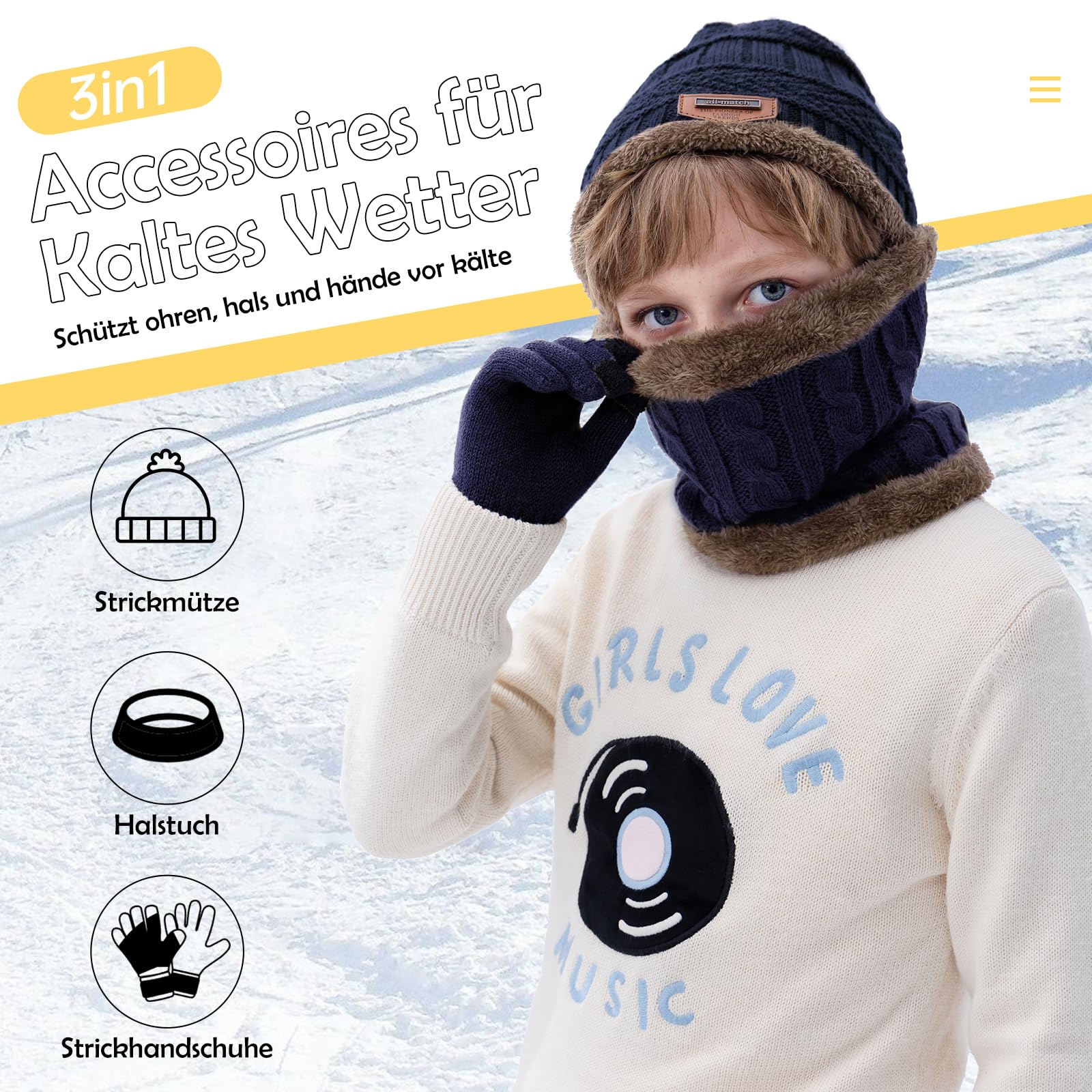 Durio Kinder Mütze Schlauchschal Handschuhe Mütze Set Wintermütze mit Fleece Gefütterte Strickset für Jungen und Mädchen