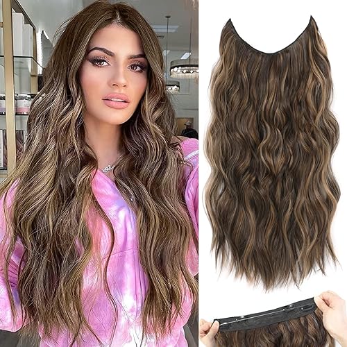 Miniatura 1 de Extensiones de cabello tipo halo con diadema transparente ajustable, tamaño 4, clips de seguridad, largos, ondulados, alambre invisible, extensiones