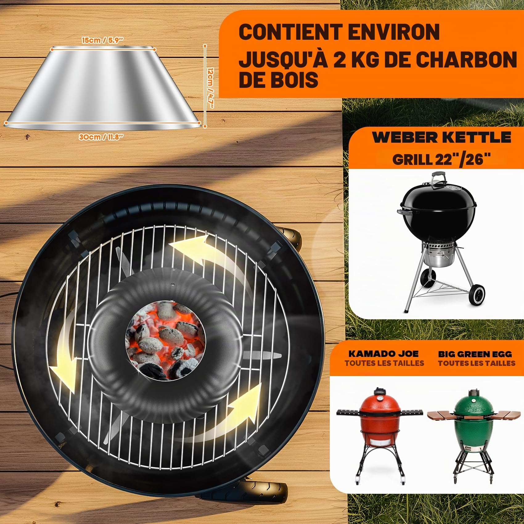 Onlyfire Panier à Charbon INOX pour Weber Kamado Joe Big Green Egg Char-Basket Vortex 57 67 cm Barbecue Fumoir