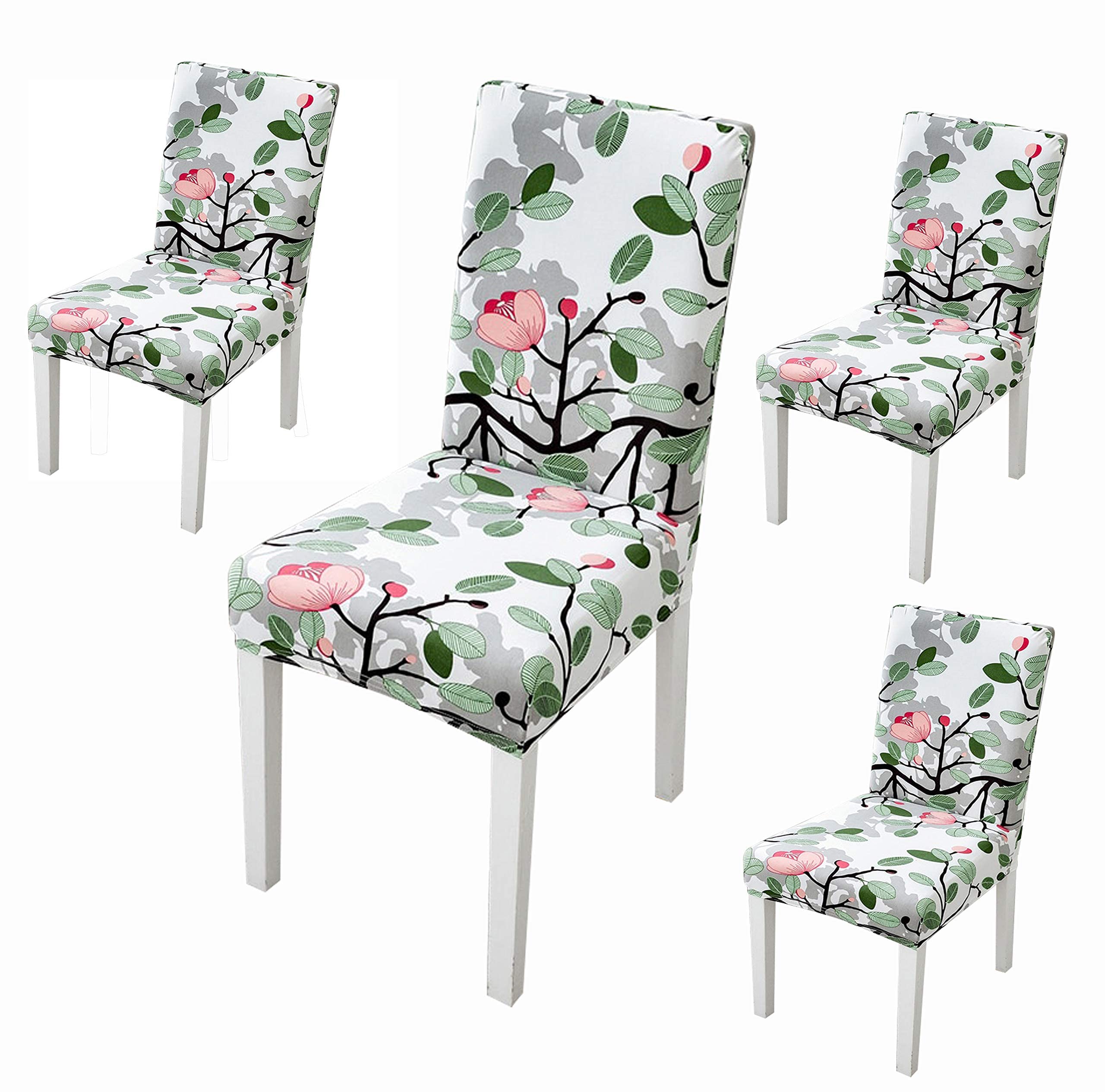 House of Quirk Polyester Stretch Removable Washable Short Dining Elastic Chair Cover Protector Seat Floral Slipcover (4 Chair Cover, Leaf Pink Flower)-image-2