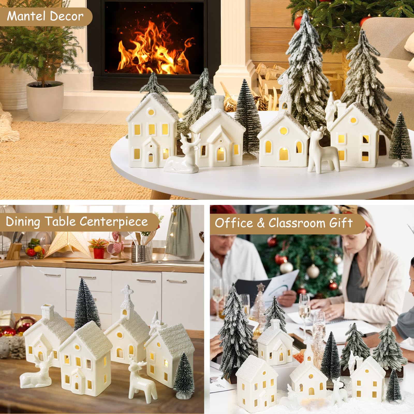 Weihnachtsdekorationen für den Innenbereich, 9-teiliges Weihnachtsdorf-Set mit 4 Fernbedienungen, beleuchteten Keramikhäusern, 2 Bäumen, 2 Hirschen und Weihnachtsmann, neutralweiß