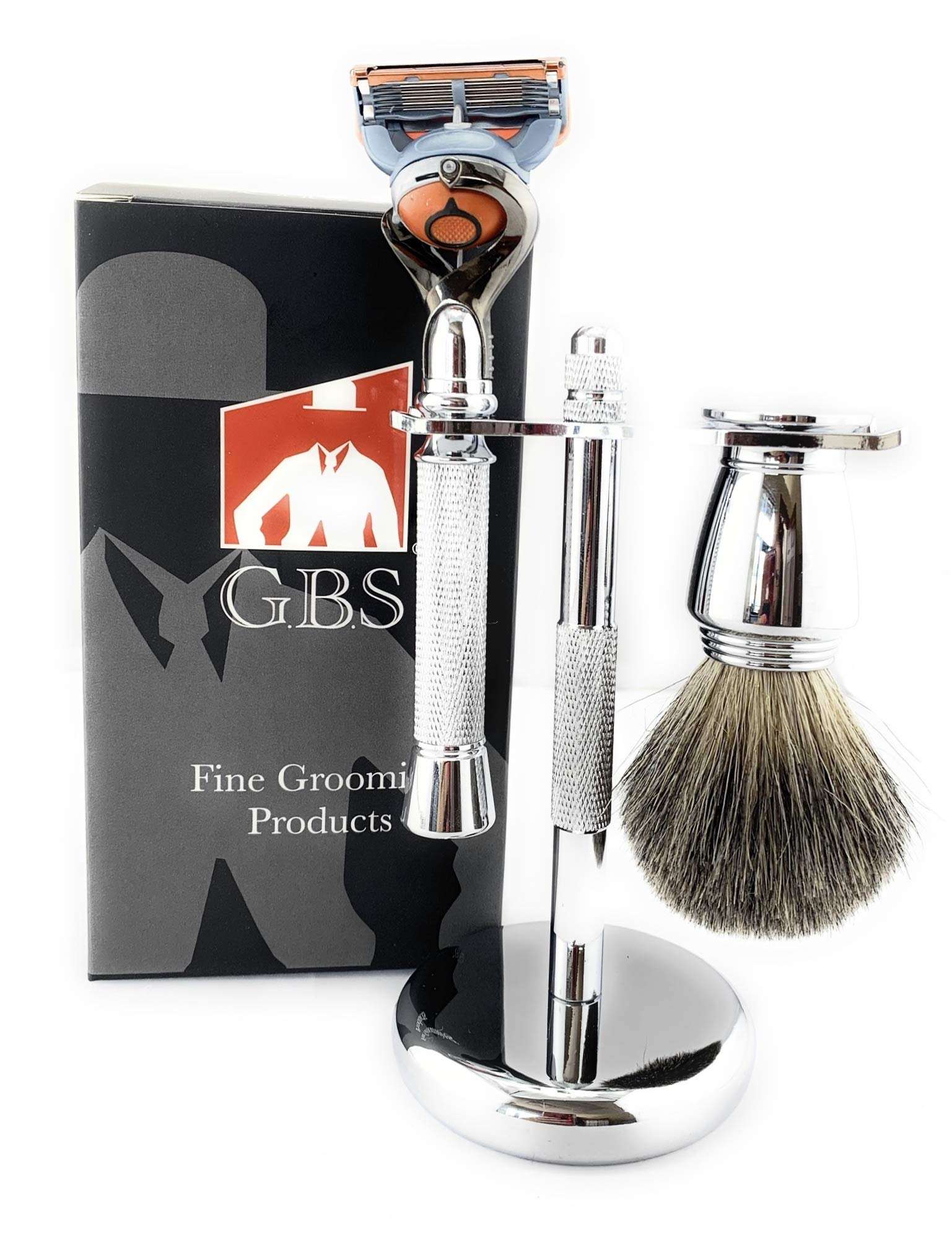 G.B.SChrome Shaving Set for Men 5 Blade Chrome Razor- Flex ball Handle Razor with Flex ball Pivot Ball technology, Shaving Brush, Chrome Razor Stand Grooming Set 3 PCS