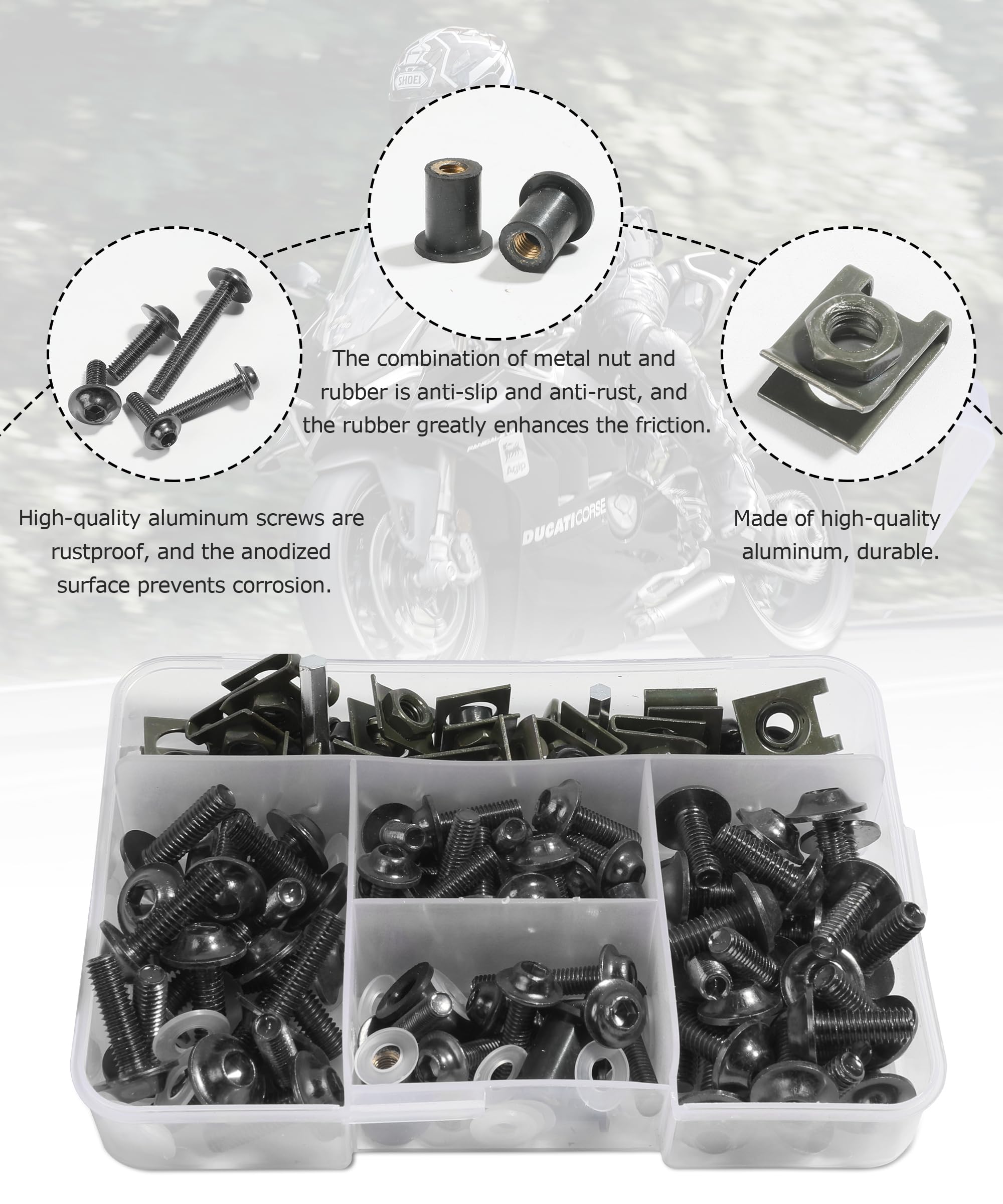 Flaconi 177PCS Tornillos de Motocicleta,Tornillos para Parabrisas de Moto,Tuercas Esparragos Moto,Kit de Tornillos de Carenado de Motocicleta,Adecuado para la Mayoría de Motos (Negro)