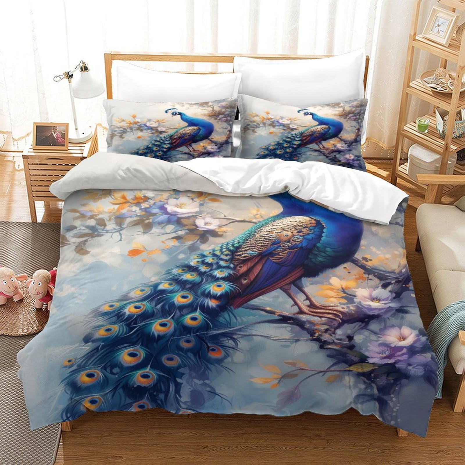 Parure de lit microfibre de qualité hôtelière motif paon 260cm