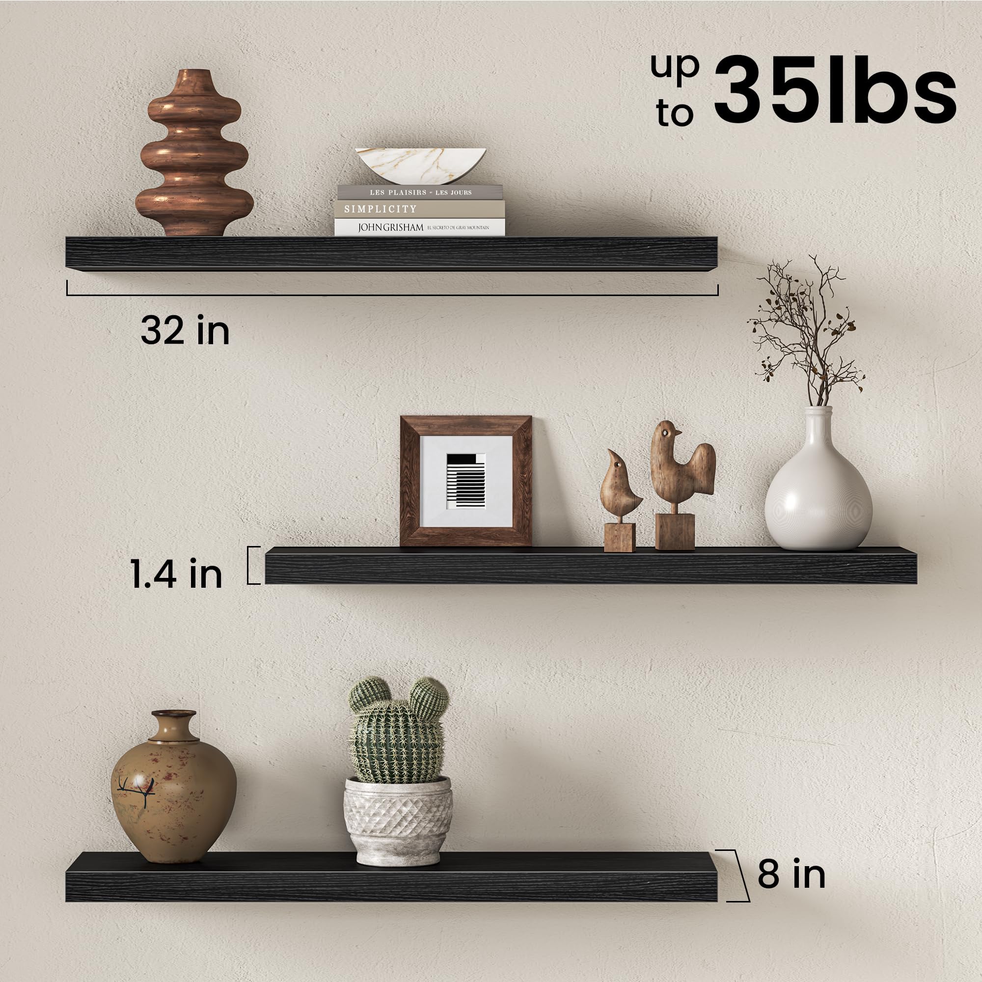 Fun Memories Estantes flotantes negros para pared, estantes flotantes de pared de 32 pulgadas de ancho x 8 pulgadas de profundidad con soportes invisibles, juego de 2, estante de madera rústica