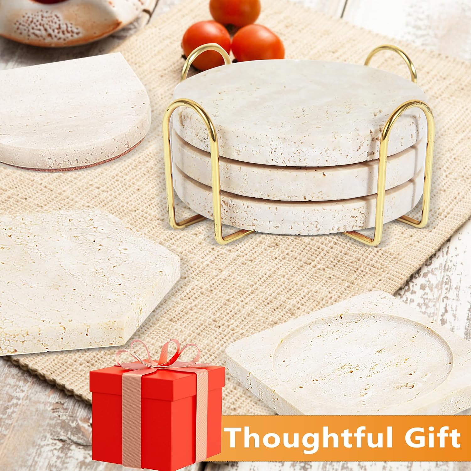 4Pcs Travertine Coasters with Nature Limestone Material and Gold Metal Holder, 4”Diameter Round Shape Bar Coasters Set with Cork Pad for Housewarming Christmas Birthday Gift