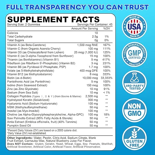 Miniatura 9 de Gomitas de biotina de 10,000 mcg con colágeno, 23 en 1, gomitas para el crecimiento del cabello para mujeres y hombres, gomitas para el cabello, la