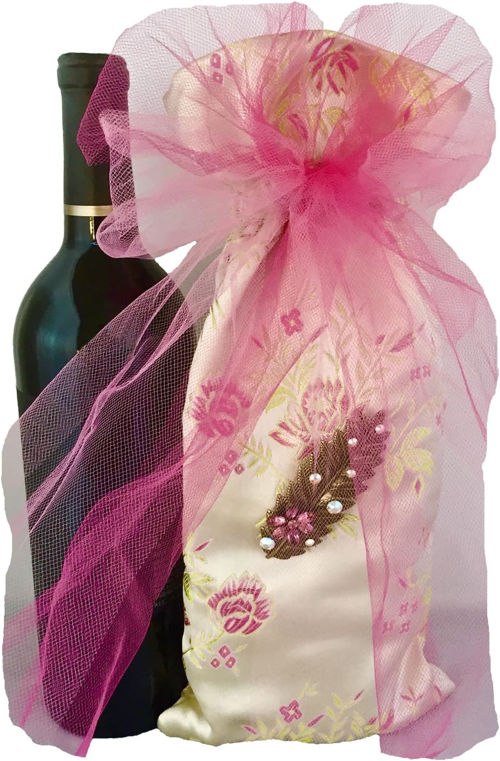 Designer Fabric Reusable Wine Gift Bag with Drawstring Ties, 4 Wine Glass Charms and Decorative Medallion (Satin Print with Leaf)