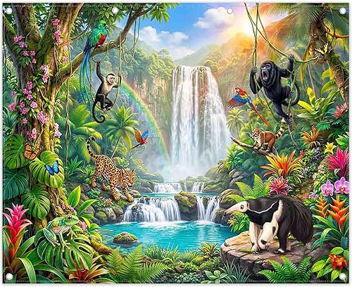 Fabric 10x8ft Rainforest Wild Animals Photography Backdrop Tropical Jungle Scenery Safari Waterfall Background Summer Event School Classroom Party Decorations Photo Props