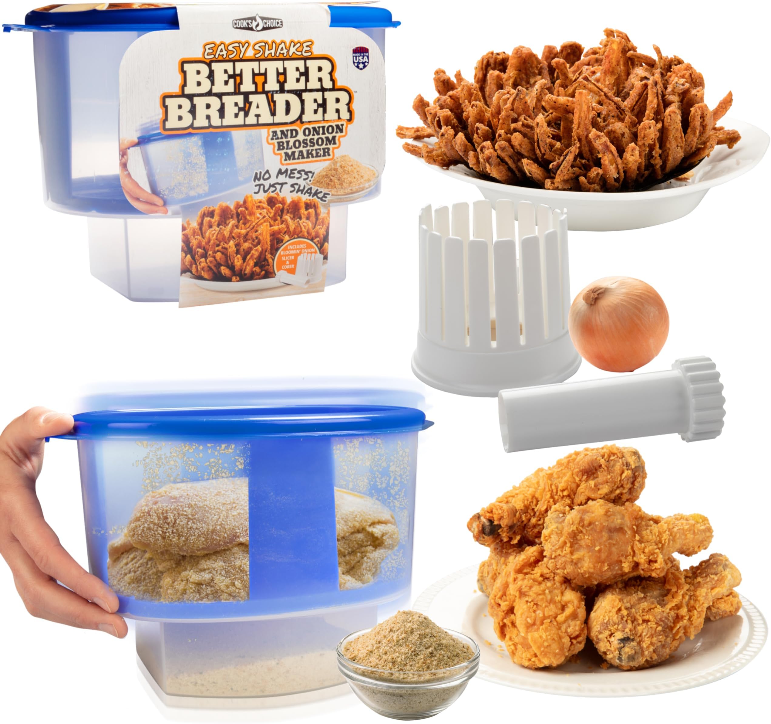 COOK'S CHOICE Onion Blossom Maker w The Original Better Breader Bowl- All-in-one Set w Blooming Onion Slicer & Mess Free Batter Breading Station- Combo Kit Great for Weekly Meal Prep- Made in the USA
