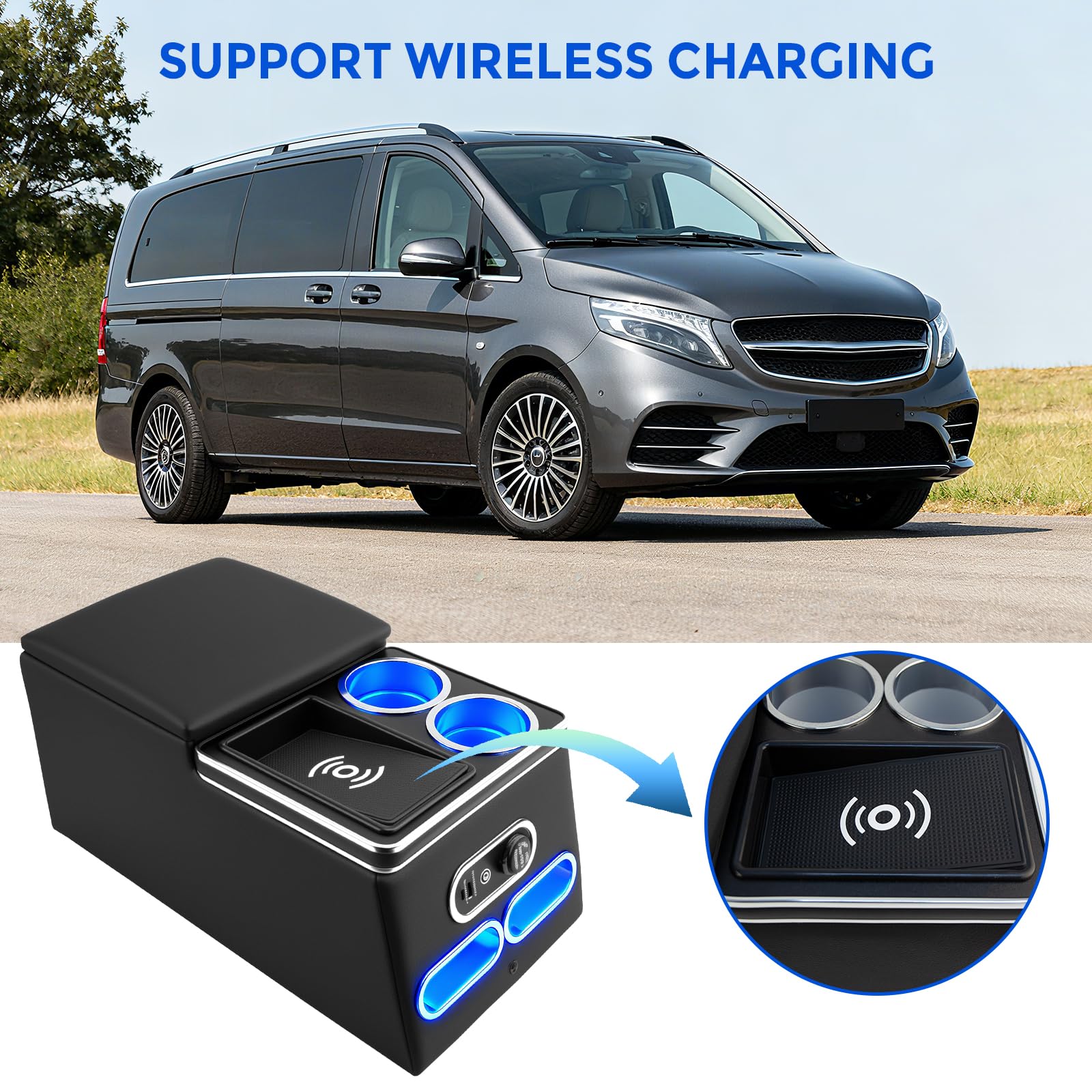 Mittelkonsole mit Ablagen Staufach, Universal Fit Armlehnen Box | Mittelkonsole Auto mit Kabellosem Induktivem Laden, USB und LED-Licht Zubehör, Für Die Meisten Limousinen SUV Pick-up-Truck