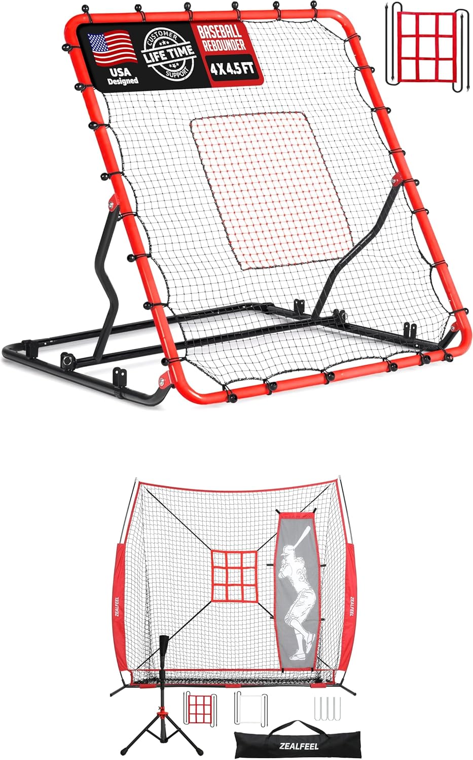4x4.5 FT Baseball Rebounder & 7x7 ft Baseball Net with Dummy Batter, Large Ball Collection System, 2 Strike Zones, Batting Tee, Carry Bag