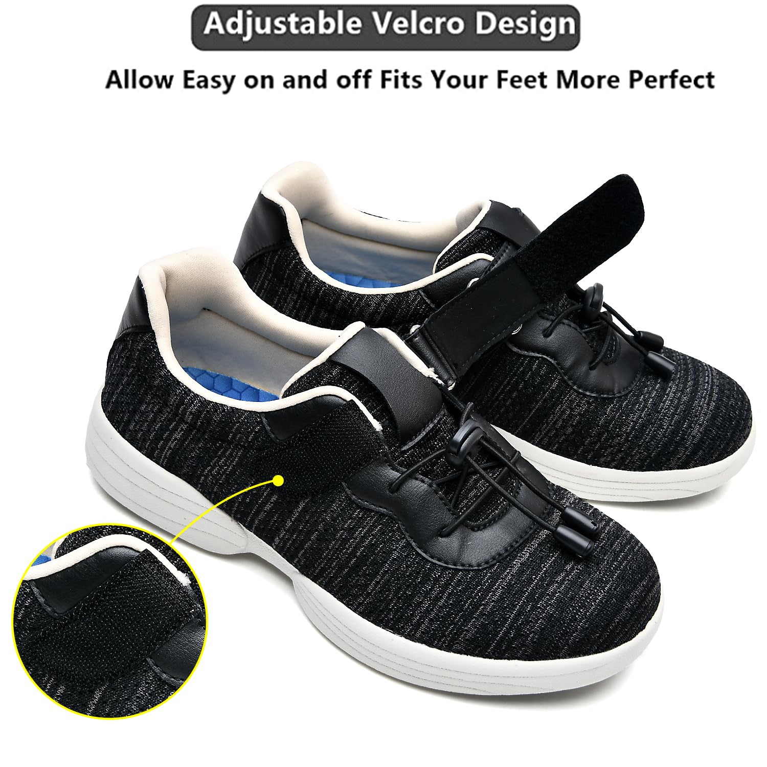 Bequeme Ödemschuhe für Senioren – Unisex-Sneaker mit einfachen Verschlüssen, breiter Zehenbox, leicht und rutschfest,Schwarz1,43