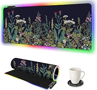 RGB Gaming Mouse Pad Large, AIMSA Keyboard Led Mousepad Extended 35.4 x 15.8 inch Non-Slip Rubber Base with 14 Lighting Modes, Big Desk Mat Waterproof, Flowers Plants