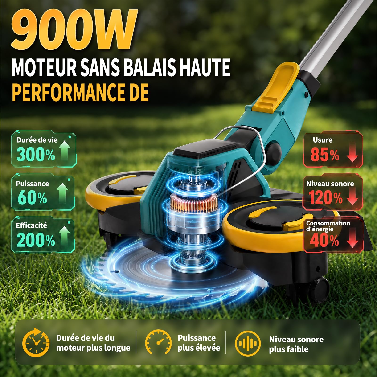 Coupe-Herbe sans Fil 21V, Compatible avec Batteries Makita, Débroussailleuse avec Brosse de désherbage, 2 Batteries 4.0Ah incluses, Moteur sans balais 900W pour pelouse, Jardin, Cour (Bleu)