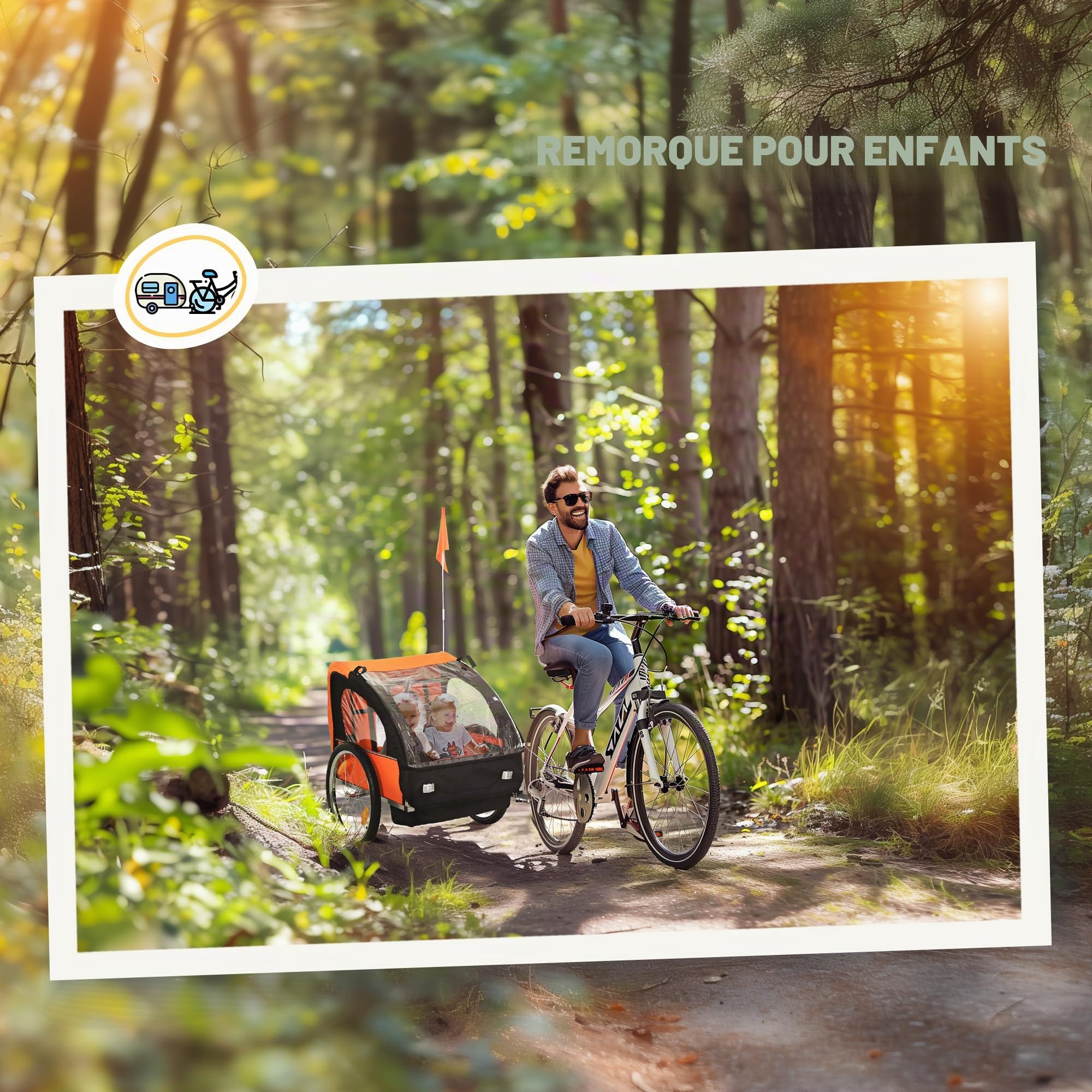 HOMCOM Remorque vélo pour enfants avec 2 sièges, 2 ceintures de sécurité, cadre en acier et housse en textile Oxford Orange