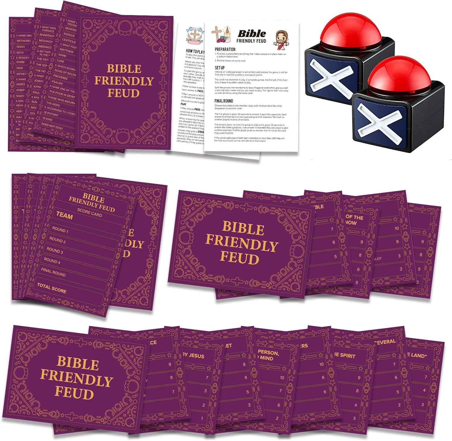 Bible Friendly Feud Game with 2 Buzzers Set, Bible Game Supplies Set, Church Feud Quiz, Games for Church Group - BISC006B
