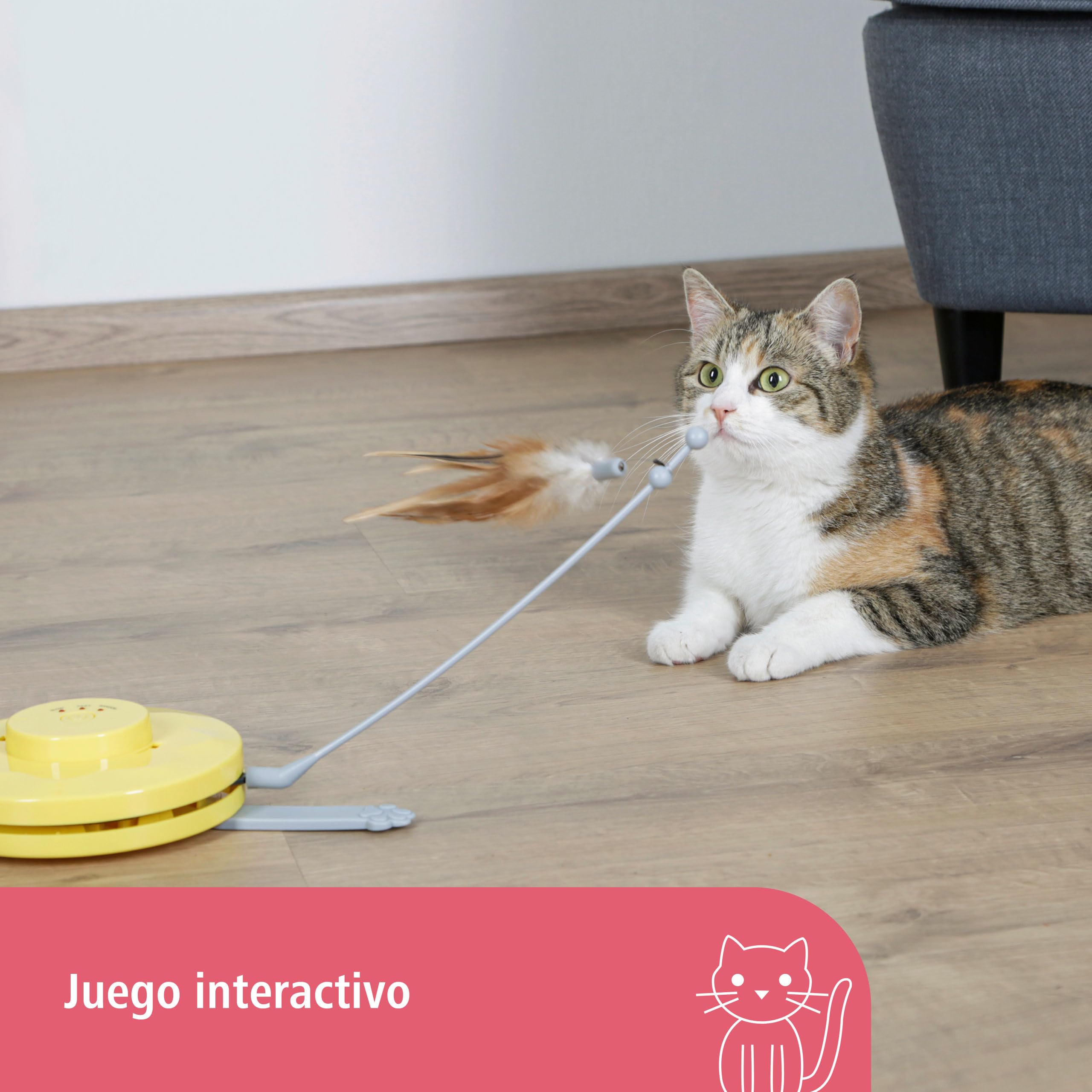 Kerbl Pet Juguetes para Gatos 2 en 1 Catch The Tail Feather, Amarillo, Gris, 70x53x5 cm, Nailon, Gatos, función de Apagado automático, Antideslizante