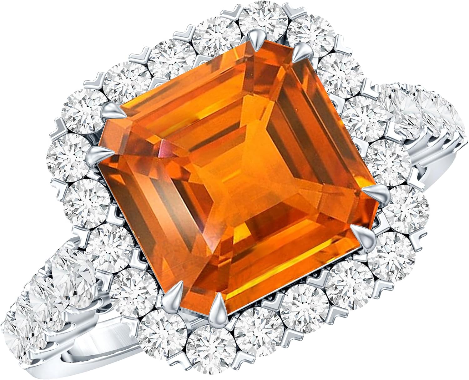 Certified 7 Carat Lab Grown Orange Sapphire Asscher Cut Engagement Ring in Silver, Aaaa Quality - Gift For Special Occasions