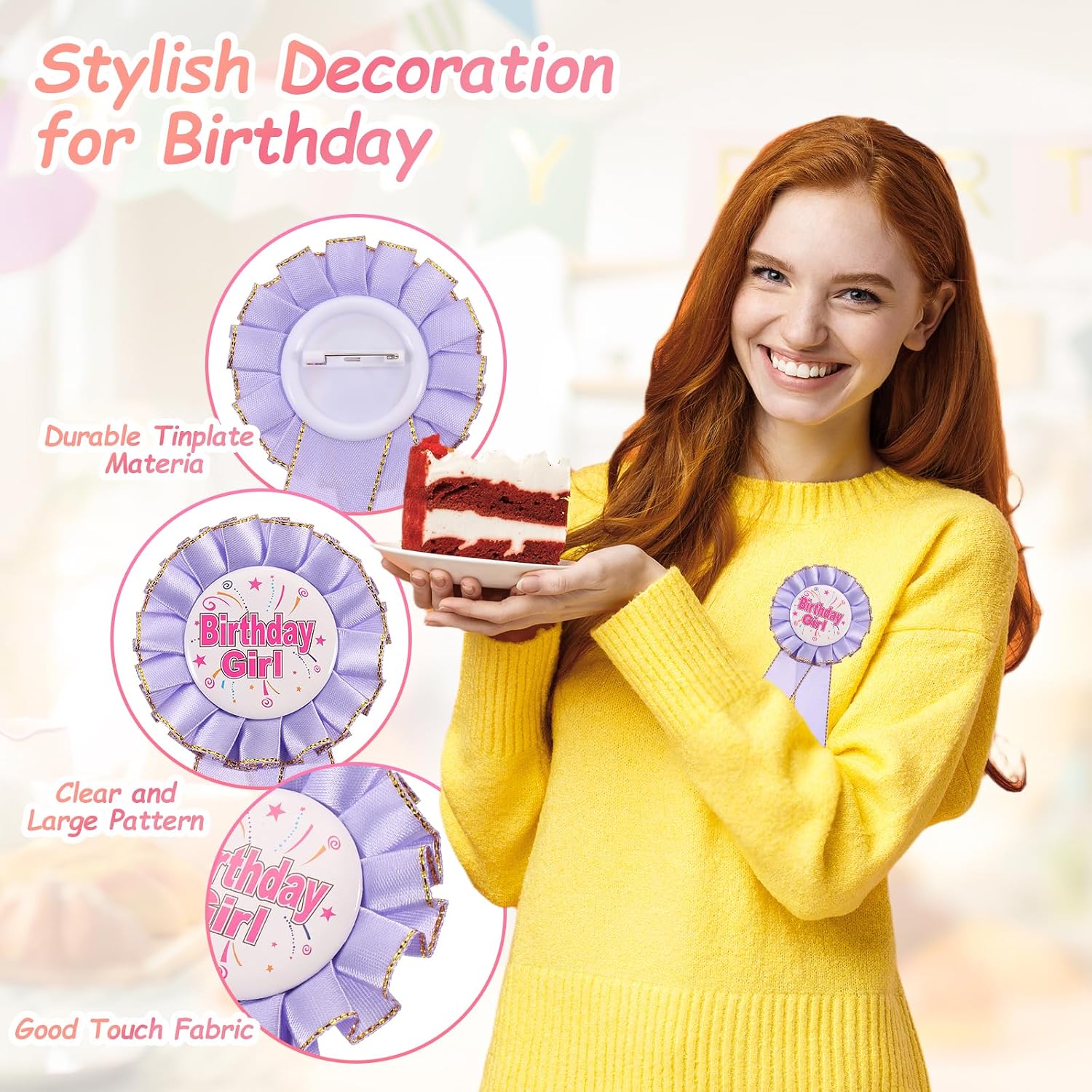 PATIKIL Birthday Girl Button Pin, Tinplate Ribbon Badge Pin Satin Fabric Award Ribbon for Birthday Party Decoration