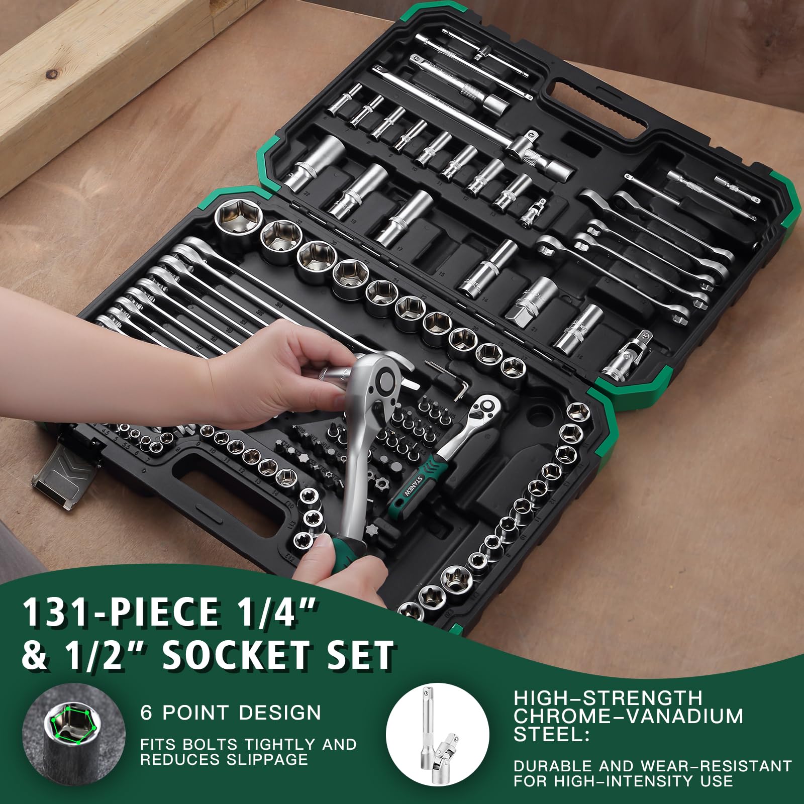 STANEW Set di chiavi a bussola Set di utensili da 131 pezzi, Cricchetto 1/4" e 1/2", chiavi a cricchetto doppie con estremità aperta, CR-V, Kit di Attrezzi Meccanici per Auto