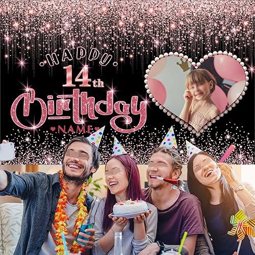 Vista 36 de Cartel personalizable de decoración de feliz cumpleaños número 49 de oro rosa – Personalización de gran tamaño fondo de fotos – Admite fotos