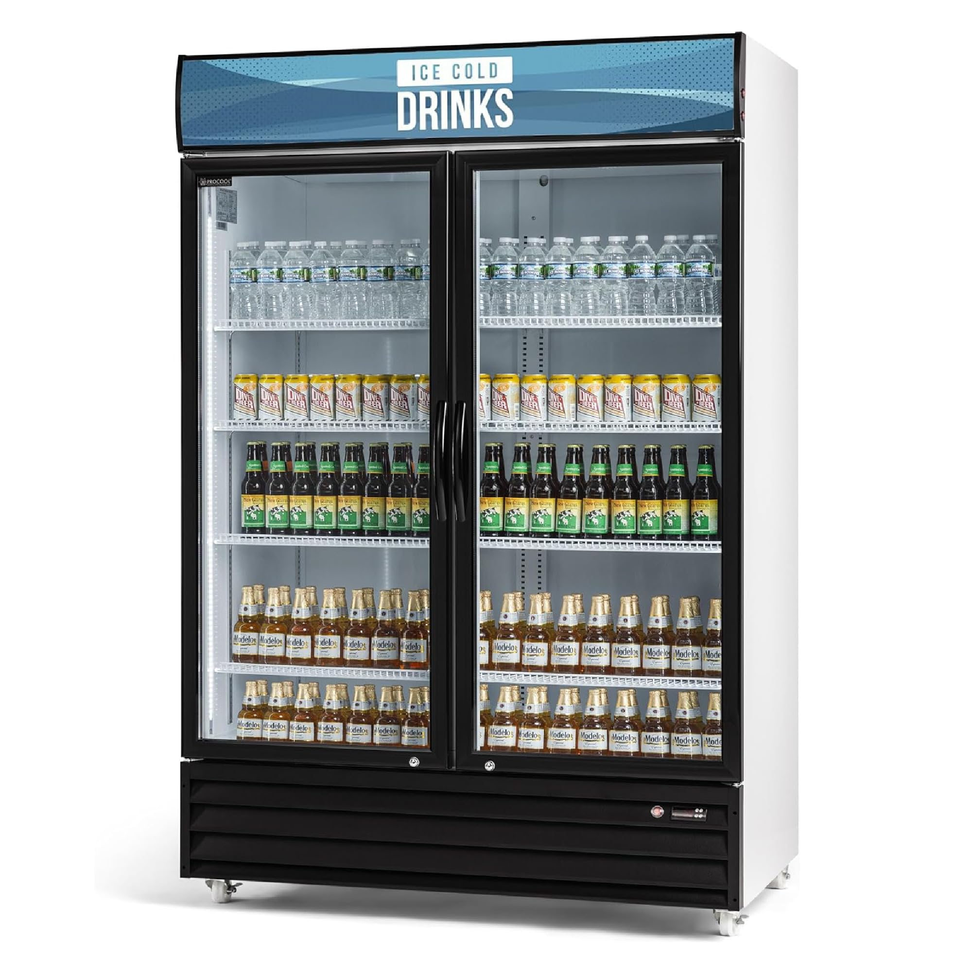 Procool White Display Refrigerator, 43 CuFt, 2 Door, Ice Cold Drinks Sign