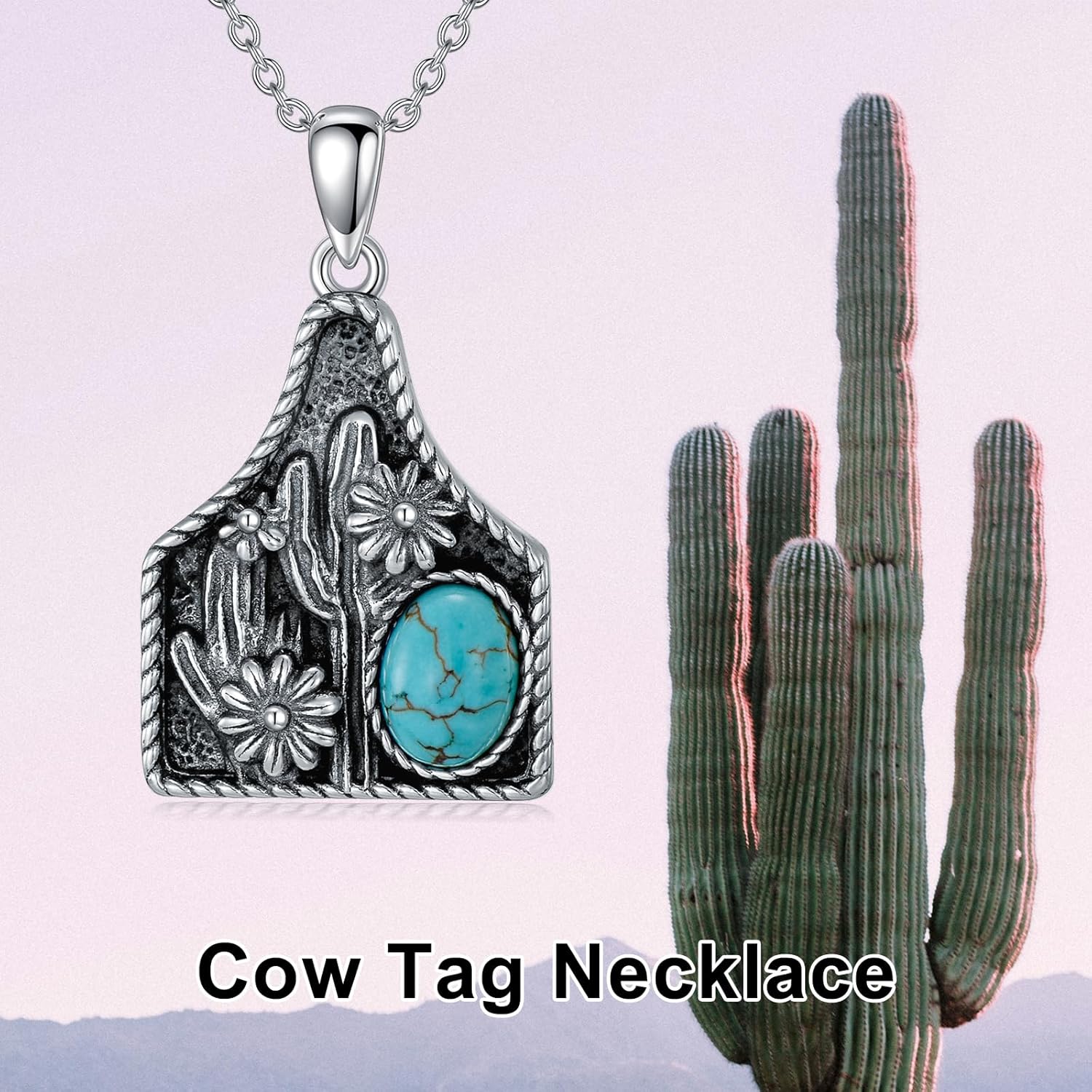 Turquoise Cow Tag Necklace 925 Sterling Silver Real Oval Turquoise Cattle Tag Pendant Cactus Western Jewelry for Women Cowgirl - Image 6