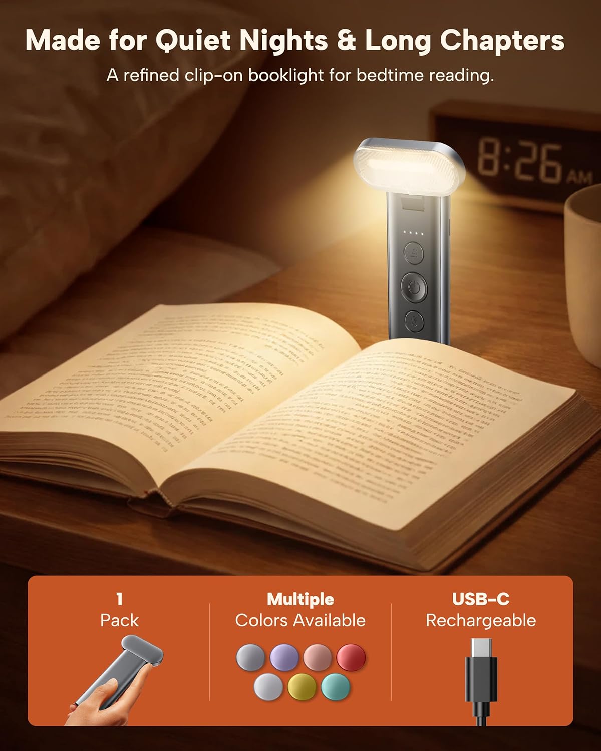 86lux Book Light, Reading Light for Book in Bed, USB Rechargeable LED Night Light with 3 Colors & Limitless Dimming, Aluminum Alloy Bookmark Light for Book Lovers,Technology Black - Image 2