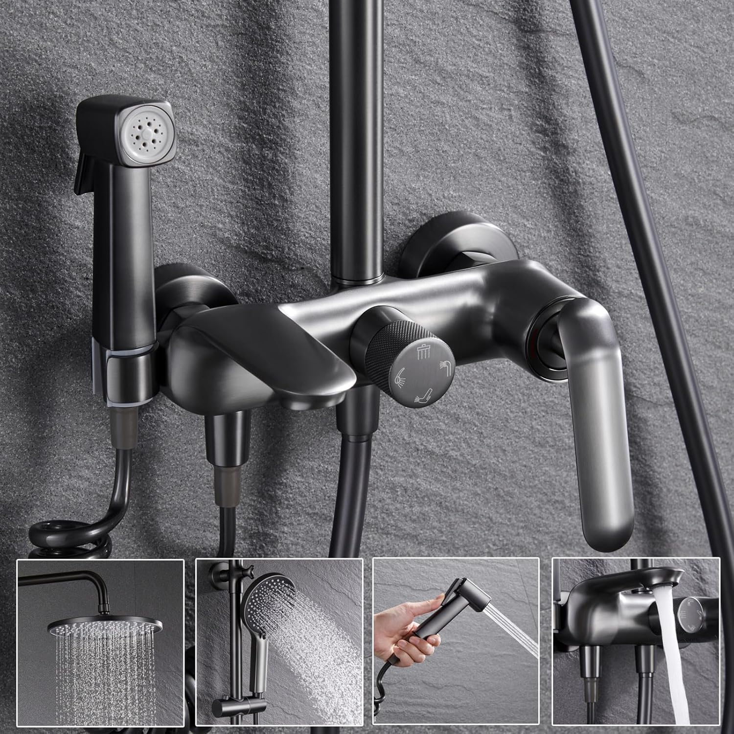 Shower System, Gray Shower Faucet Set 4 Functions Shower Fixtures Brass Bathroom Shower Faucet Set with Handheld Sprayer of 3 Modes, Round Rain Shower Head, Bathtub Spout, Bidet Sprayer