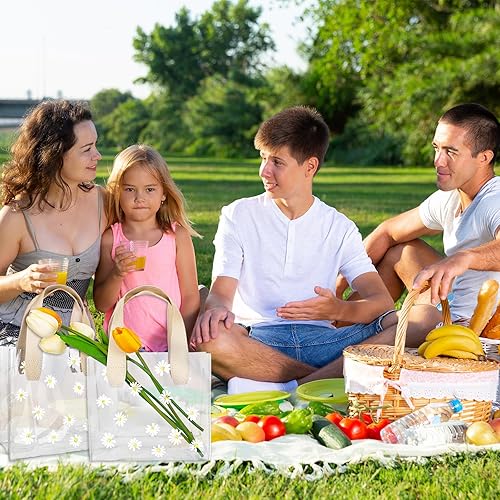 Miniatura 4 de Whaline 12 bolsas de regalo de PVC transparente con asa, bolsas de regalo de dama de honor, lindas margaritas, reutilizables, transparentes, bolsa