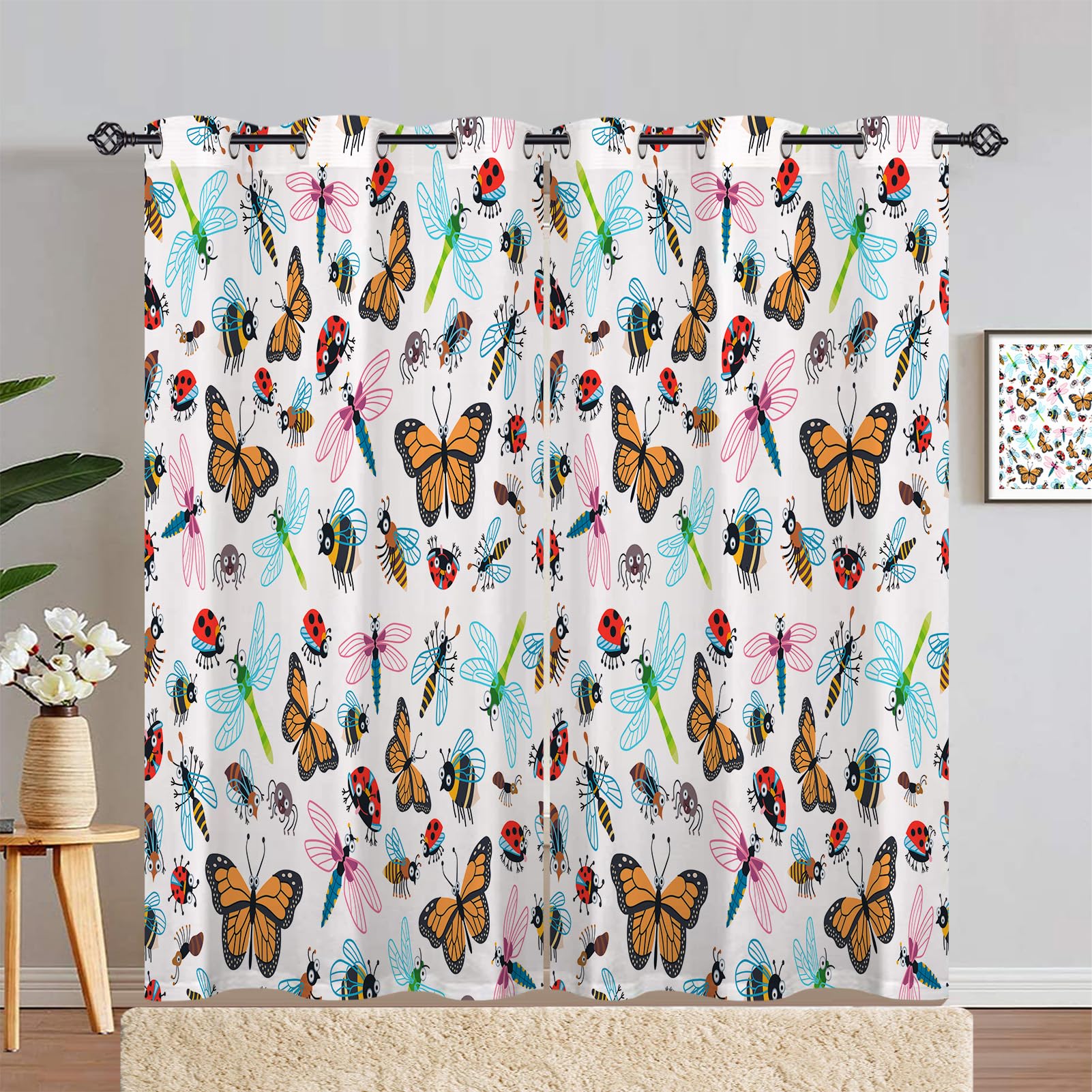 ANHOPE Insect Curtains Eyelet Blackout Thermal Insulated Curtains Beetle Bee Butterfly Dragonfly Print Pattern Soft Soundproof Privacy Window Drapes for Bedroom Living Room 46 x 84 Inch 2 Panels — image 1