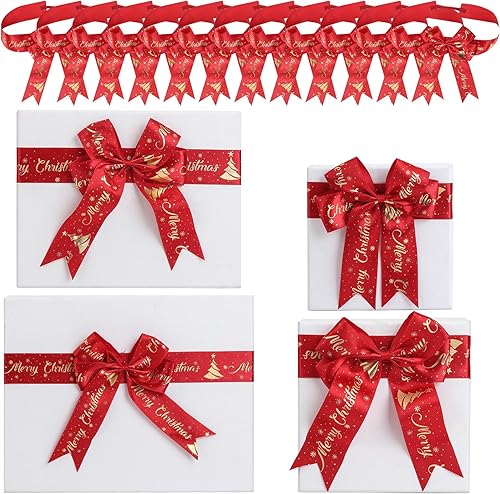 12 lazos elásticos de Navidad con lazos, lazos de regalo elásticos ajustables, lazos de cinta de grogrén rojo de Navidad para cajas de regalo de