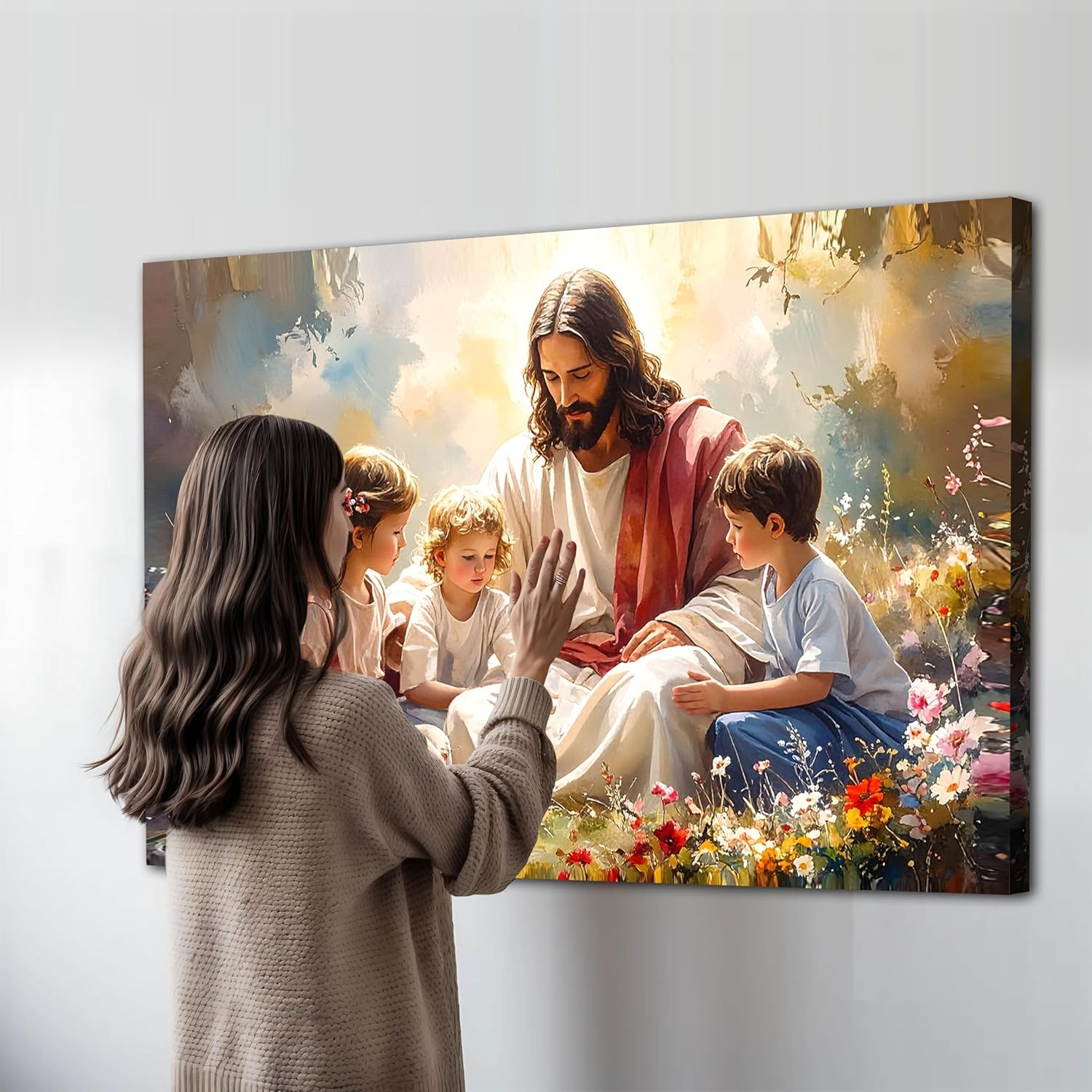TAILORED CANVASES Jesus With Children Faith Wall Art – Christian Gospel Picture for Kids’ Rooms, Jesus Loves the Little Children Canvas Décor for Bedroom or Nursery 16x24