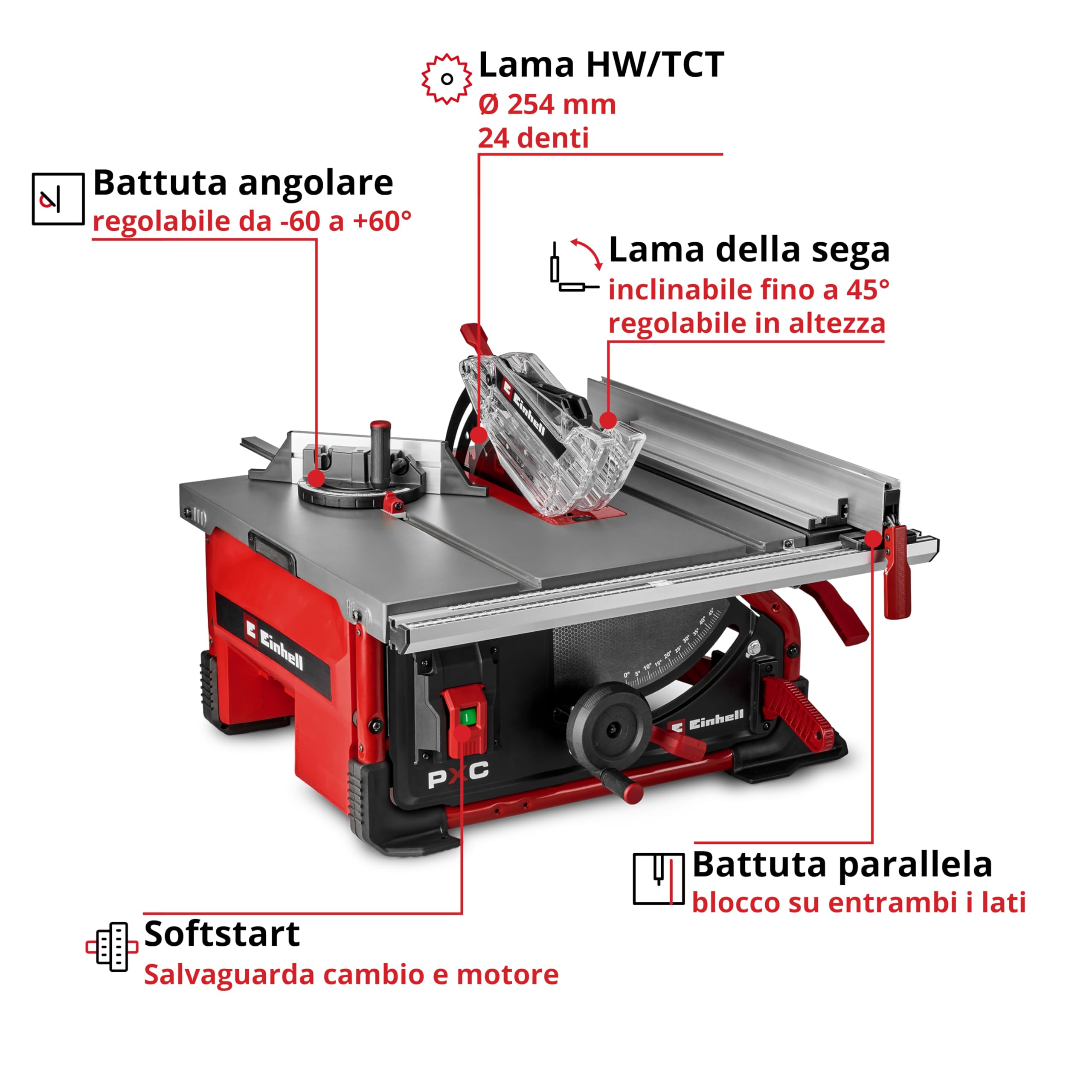Einhell Sega circolare da banco a batteria TE-TS 36/10 T Li-Solo Power X-Change (36 V, Ø 254 mm, altezza di taglio 89 mm, inclinazione lama 45°, incl. 1 lama + spintore, batteria non inclusa)