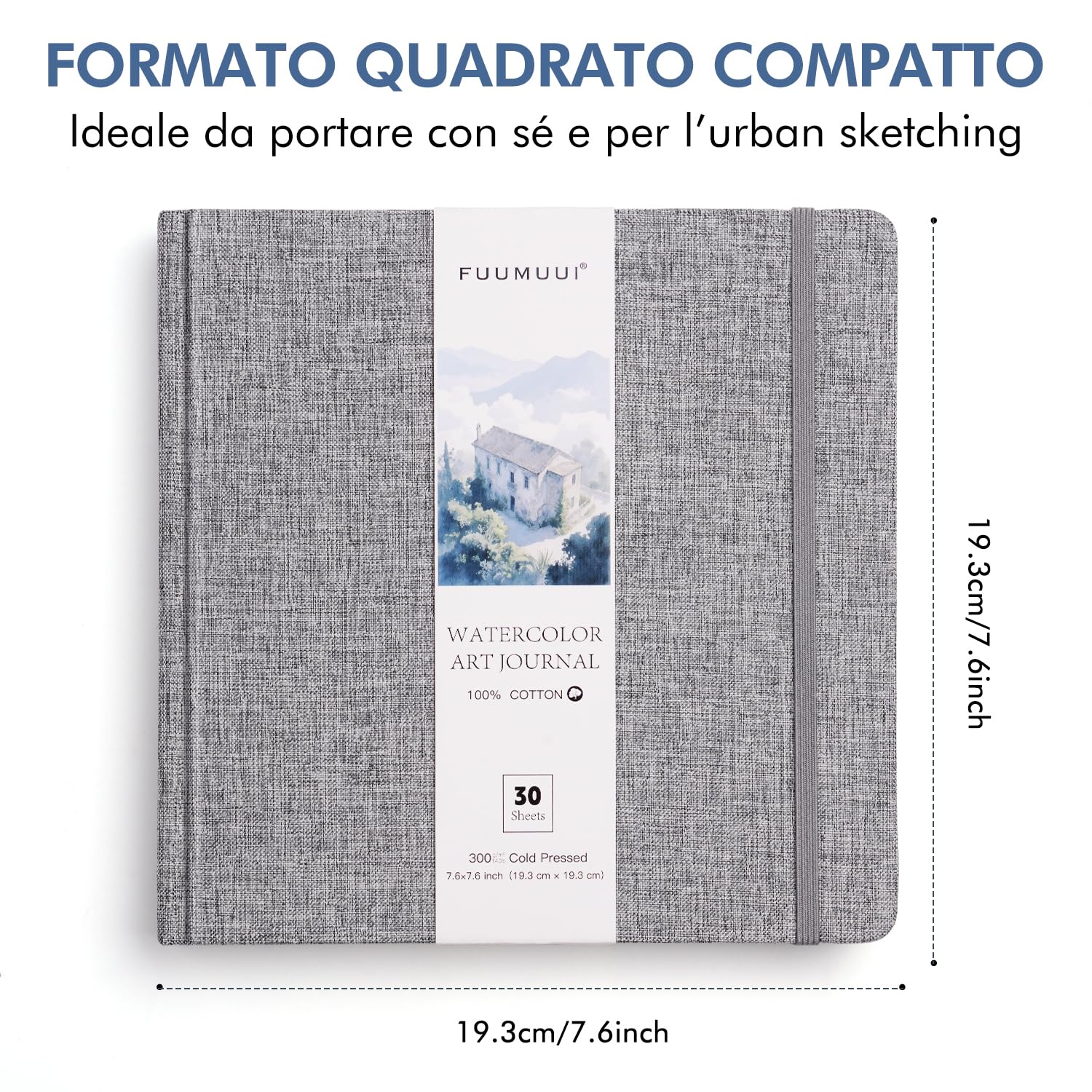 Sketchbook Acquerello 19x19 cm - 100% Cotone, 30 Fogli 300 g/m², Carta Pressata a Freddo Senza Acidi, Watercolor Sketchbook con Copertina Rigida, Ideale per Urban Sketching, Disegno e Hand Lettering