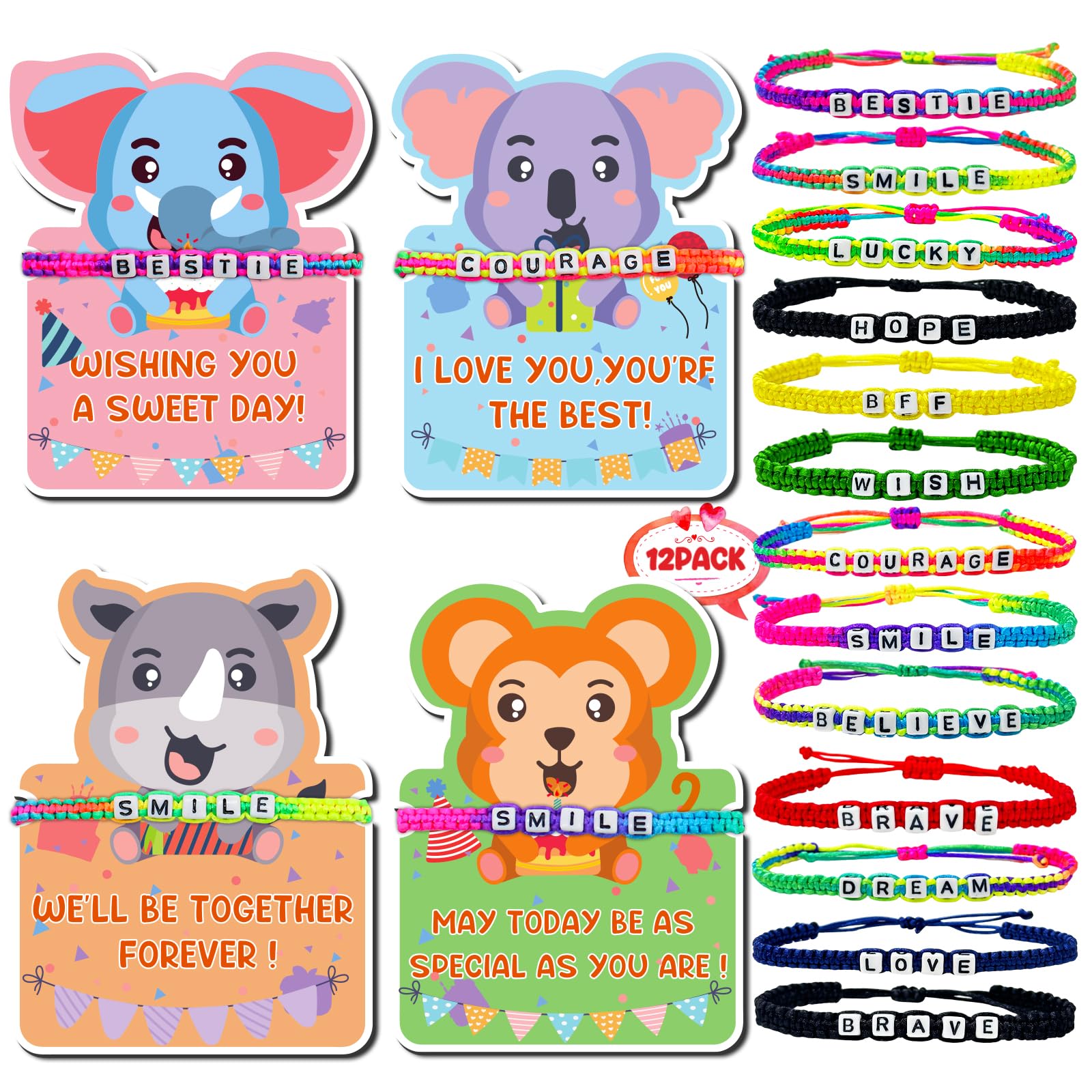 12 Pcs Friendship Beaded Bracelets Bulk with Birthday Cards Letter Inspirational Stretch Bracelets Adjustable Colorful Bracelet Y2K Summer Beach Elastic Bracelets for Women Girls Teens Party Favors
