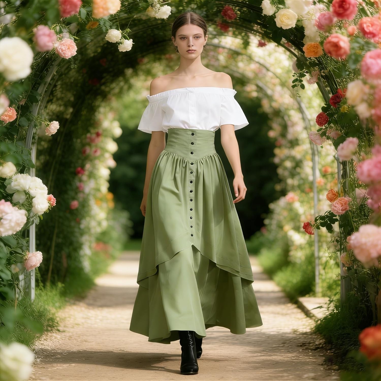 Women Victorian Skirt Medieval Renaissance Peasant Skirt Floor High Waisted Fluttering Long Skirt - Image 2