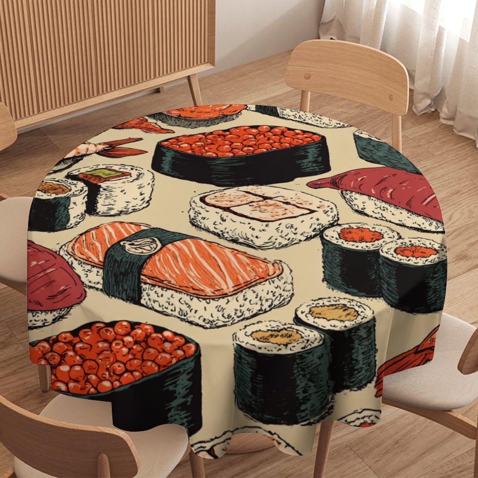 LUYYSKY Classic Anime Sushi Waterproof Round Tablecloth Vintage Modern Japanese Food Sushi Pattern Washable Table Cover for Kitchen-91.4" Wx91.4 L cm