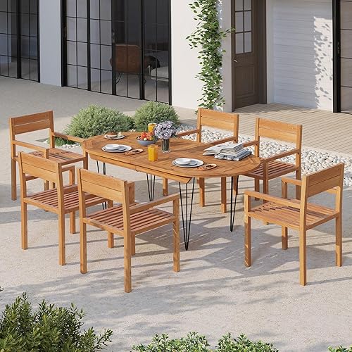 Miniatura 9 de Tangkula Silla de madera de teca para exteriores, sillón de comedor con asiento y respaldo de tablillas, muebles de asiento de madera maciza