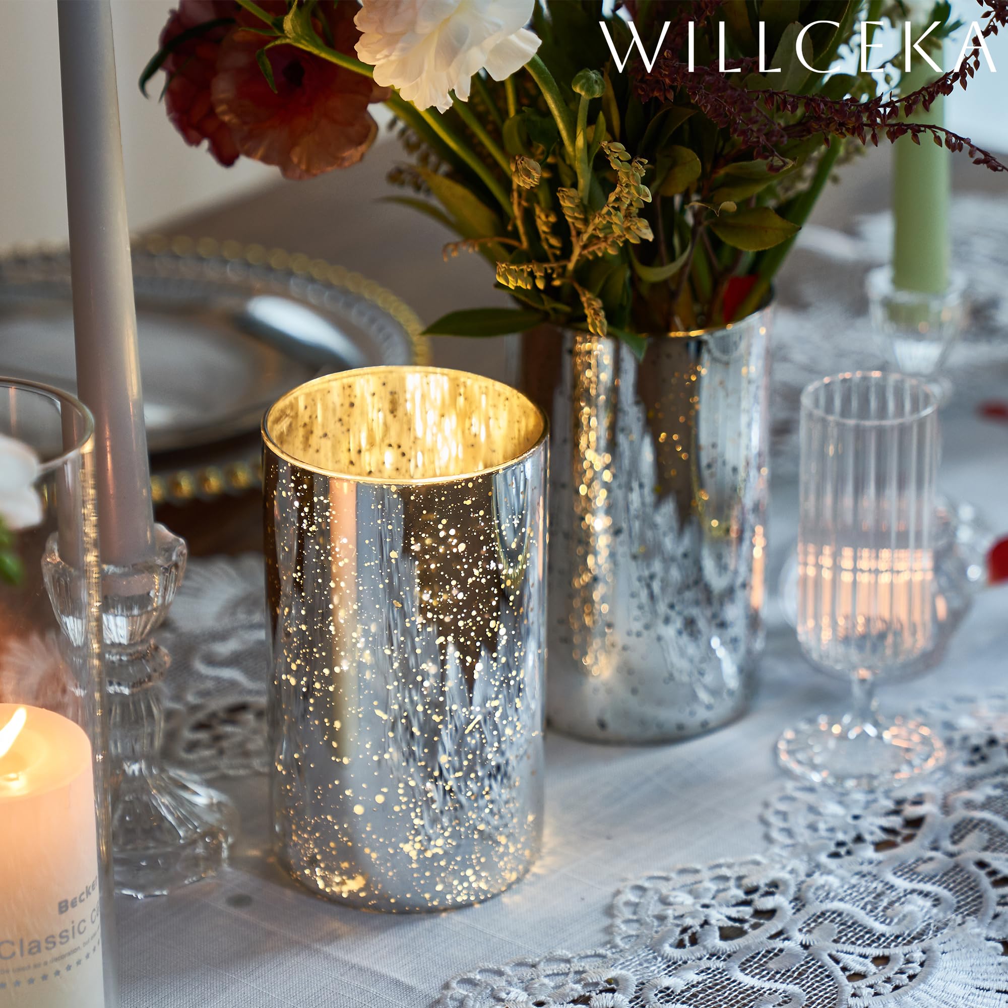 Willceka Set di 12 vasi cilindrici in argento per centrotavola, vaso in vetro moderno, portacandele decorativo a forma di uragano, per portacandele a colonna, fiori per centrotavola da tavola