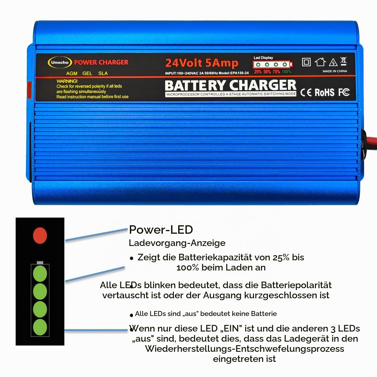 Unocho 24V 5A Batterieladegerät Erhaltungsladegerät 4-Stufen Smart Ladegerät für Bleiakkus mit 3-poligem XLR-Stecker Netzschalter und LED-Anzeige für Rollstuhl, Elektromobil, AGM Gel SLA VRLA