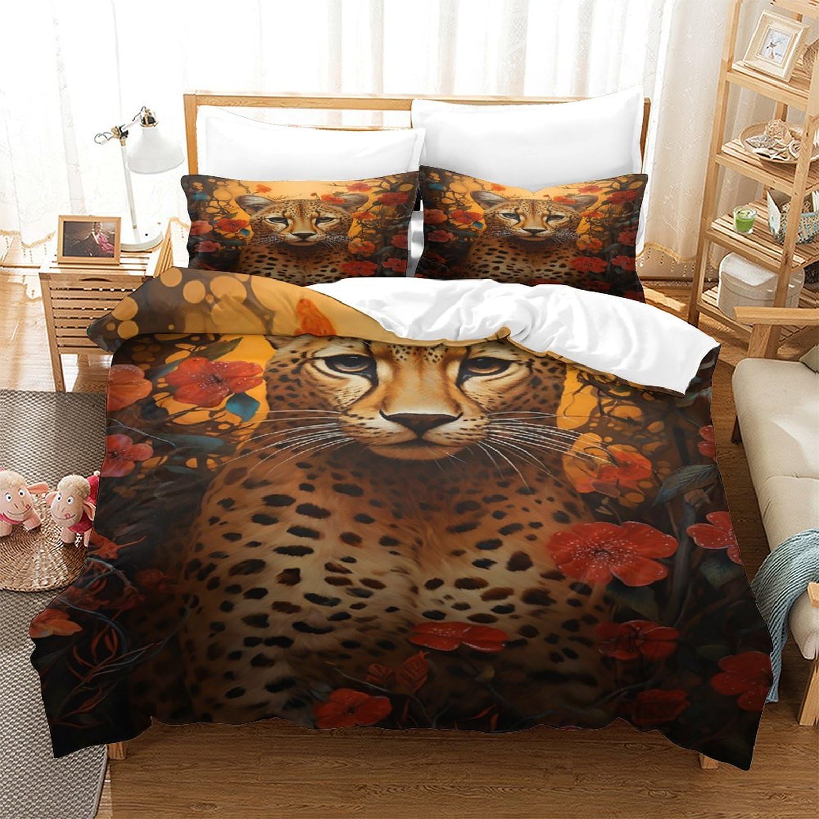 P1S9U7W5Y 3D Printed Cheetah Floral Duvet Cover Set 3pcs Microfiber Animal Bedding Set King