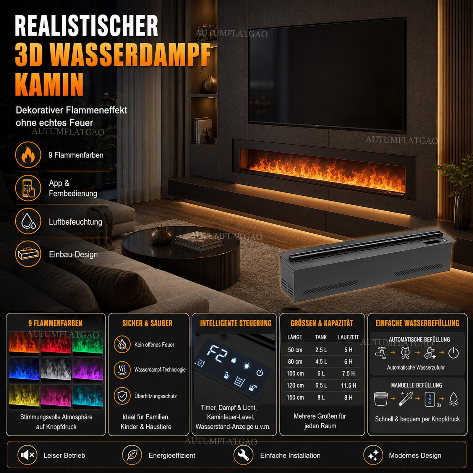 3D Wasserdampf Kamin Mit Luftbefeuchter, 9 Farben & App-Steuerung 100cm