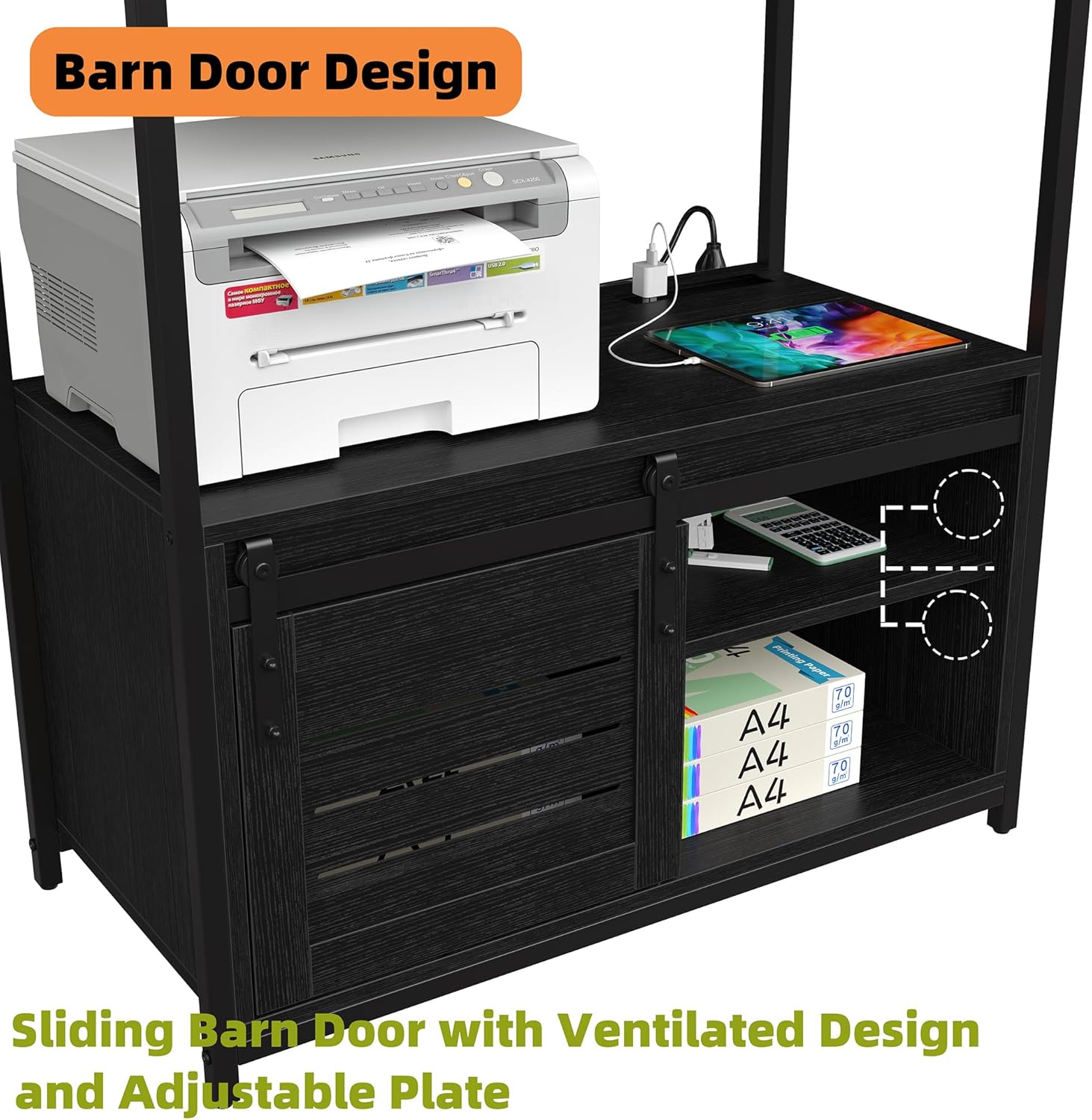 Close-up of the lower cabinet with a sliding barn door and internal adjustable shelf