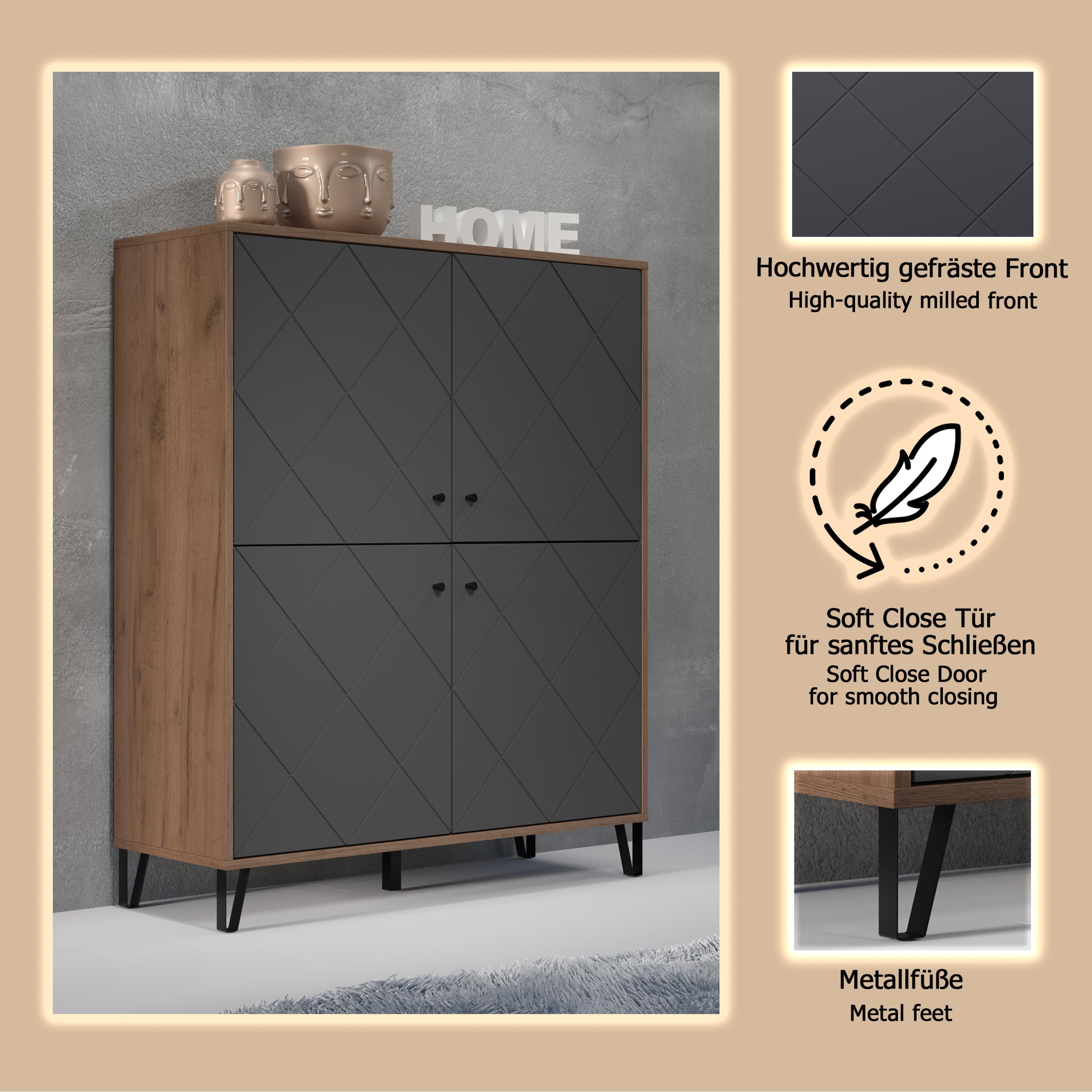 trendteam smart living - Montez - Sideboard - Grau/Eiche - Highboard mit 4 Türen und 4 Einlegeböden - (BxHxT) 123 x 136 x 40 cm - Front mit Rautenoptik, Soft-Close